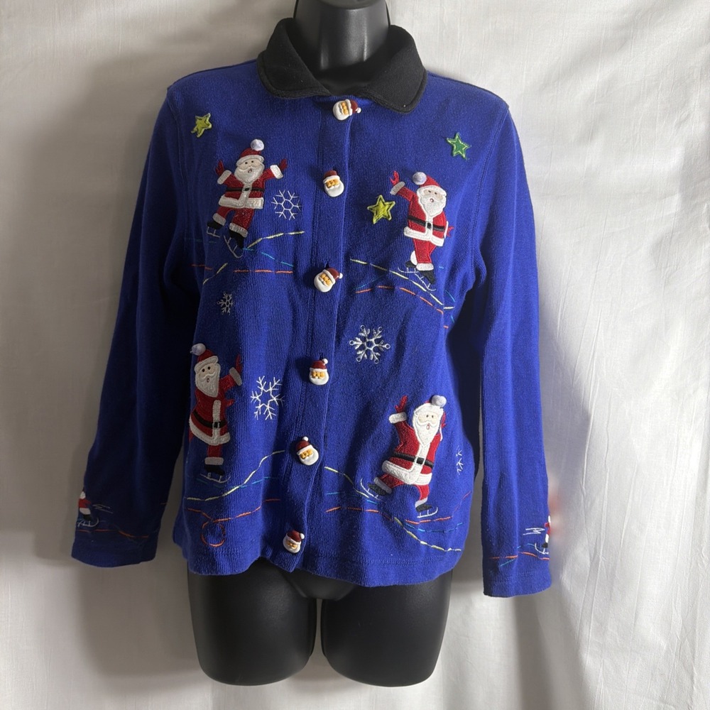 Onque Sweater   Blue Cardigan Santa Buttons  Embroidered Santas Petite Medium‎
